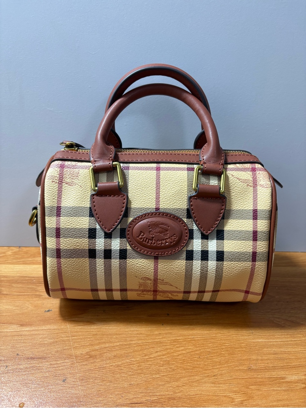 Burberry Beige Plaid Barrel Shoulder Bag with Brown Leather Trim